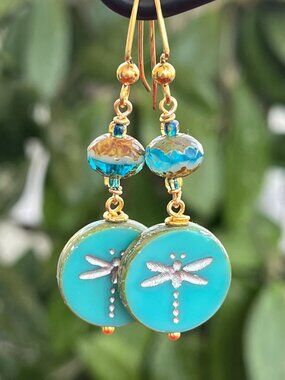 Aqua Dragonfly Earrings | Czech Glass | Boho Dangle Earrings